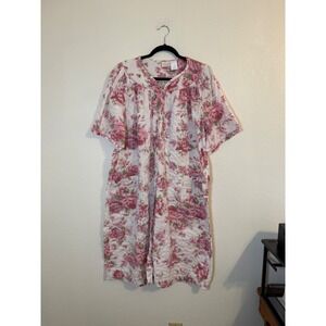 Coffee Time Woman Pink Floral Snap Front House Dress Quilted Robe Duster Pockets